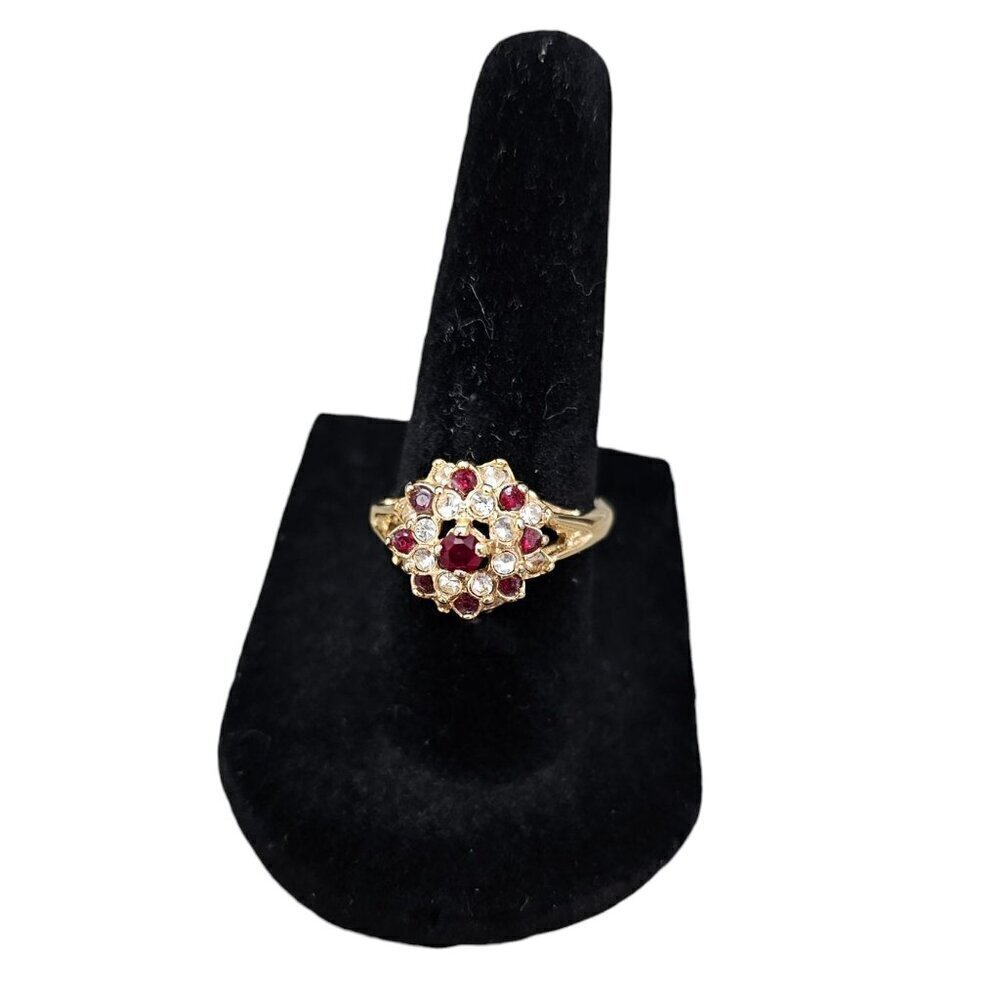 Joni Vintage GE Gold Tone Faux Ruby And Diamante Crystal Gemstone Cluster Ring